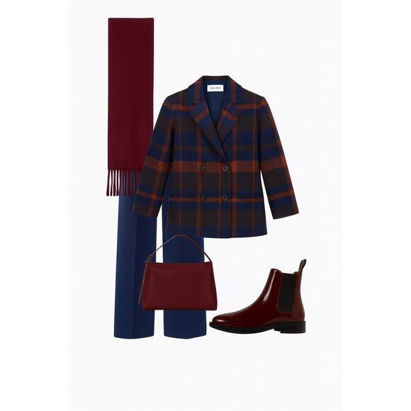 Cabi Plaid City Coat in Navy & Rust | Double-Breasted Fall Statement Jacket Edit - Picture 10 of 16